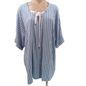 Catherine's Blue White Striped Linen Tunic Blouse 3X Cotton Tie Front Dolman